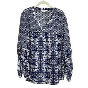 BeachLunchLounge Womens Tunic Top L Blue White Geometric Print Boho Sheer